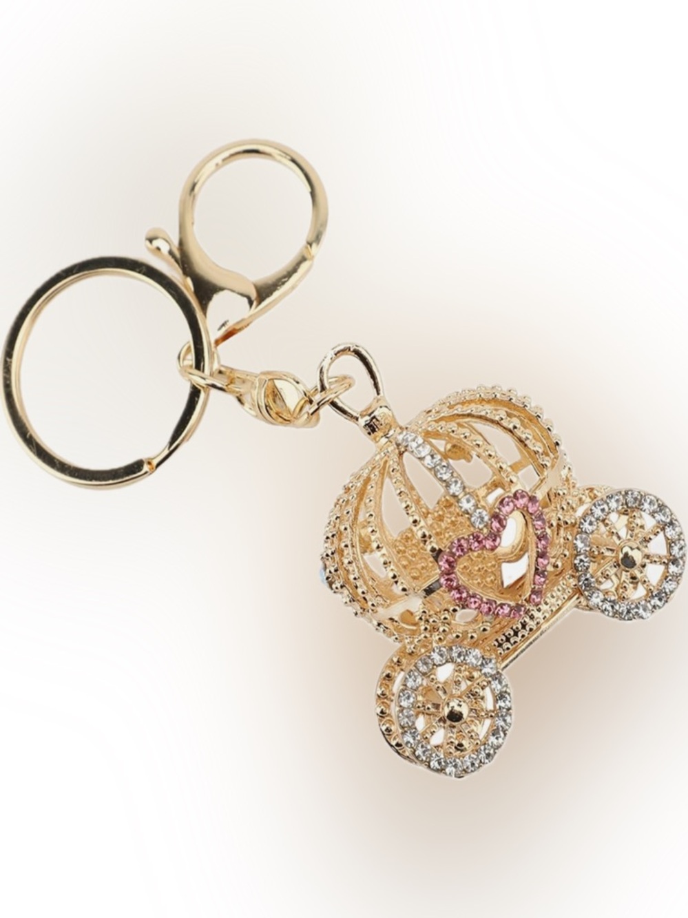 Gold & Pink Crown Carriage Crystal Keychain Bag Charm 3D - Picture 5 of 7